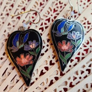 Vintage Black Floral Heart Earrings